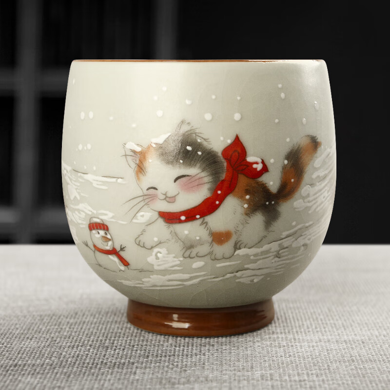陶立方开片汝窑猫咪对杯品茗杯陶瓷杯主人杯家用对盏套装功夫茶具茶盏 腰鼓杯-熊猫+雪人猫