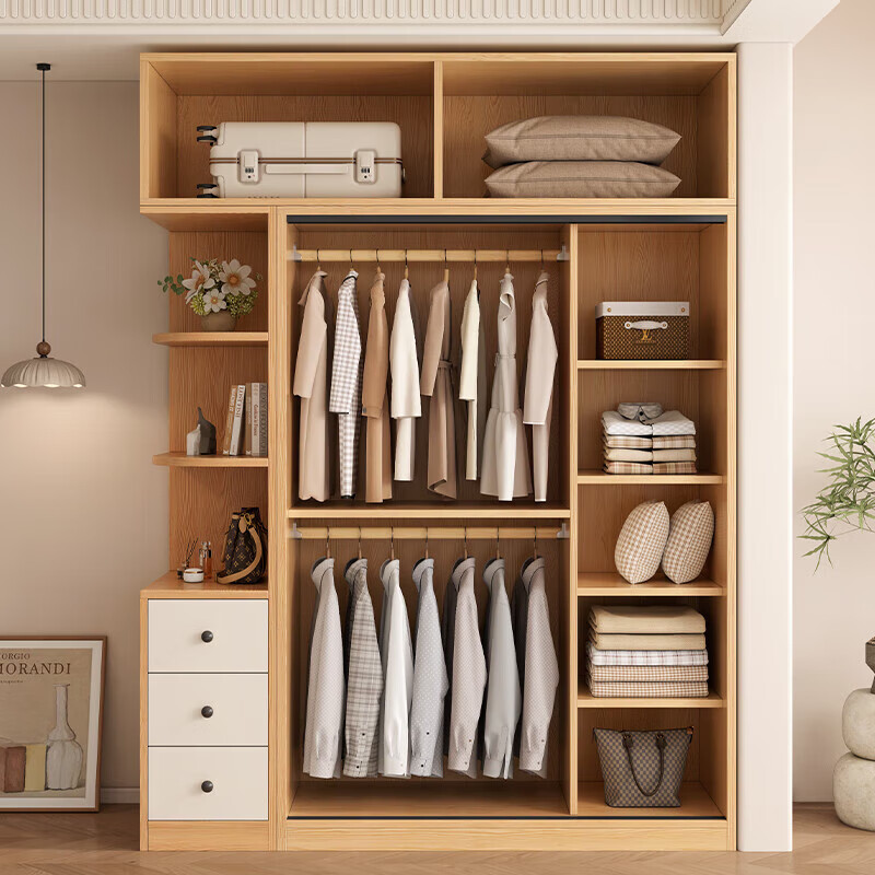 清逸【免费安装】衣柜卧室推拉门实木质多门储物衣橱原木简易大衣柜 【三门】200厘米主柜+顶柜+边柜