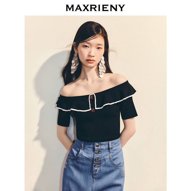 MAXRIENY荷叶边翻领一字肩黑色针织衫25夏款修身显瘦气质女针织衫 黑色 L