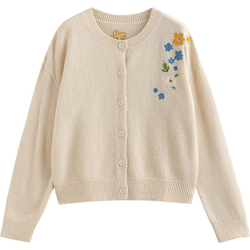 初語(yǔ)花朵繡花設(shè)計(jì)針織衫開(kāi)衫女2025秋新款保暖低圓領(lǐng)長(zhǎng)袖毛衣外套 米杏色 L