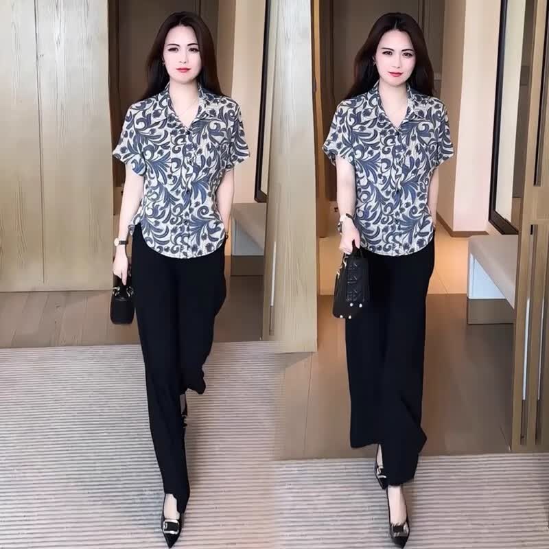 忆灵时尚衬衫女2026夏季新款洋气显瘦碎花短袖衬衫阔腿裤两件套潮 蓝色【单件衣】 L 【105-120斤】