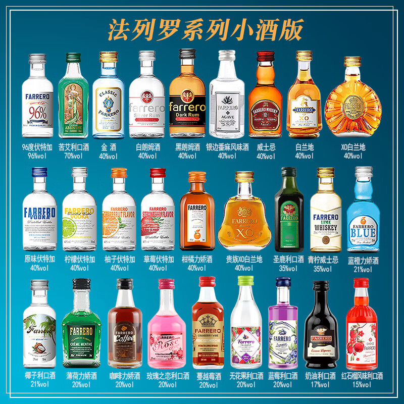 法列罗威士忌便利店调酒50毫升小酒版洋酒基酒迷你小瓶酒预调鸡尾酒套装 全套27瓶不重复