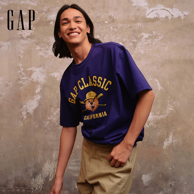GAP男女装夏季款小熊印花logo短袖T恤宽松休闲上衣727654 海军蓝 L (175/96A) 亚洲尺码 【偏大，建议拍小一码】