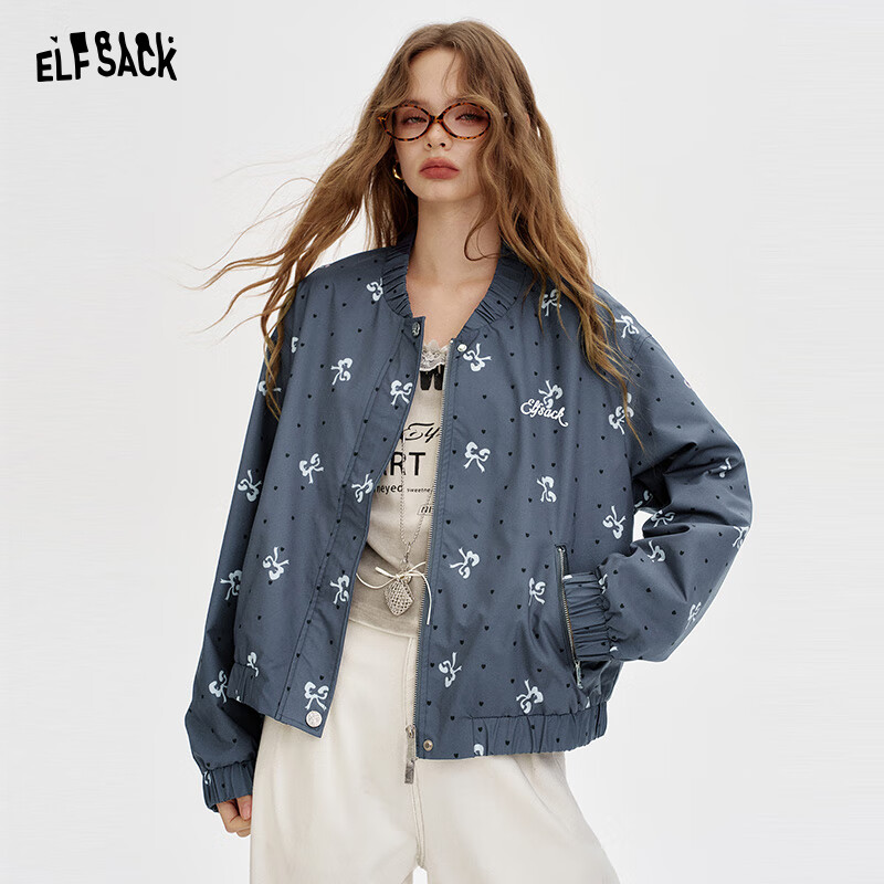 妖精的口袋字母刺绣miu系学院风外套女25早秋新款5色短款夹克上衣 蝴蝶结波点蓝色 M