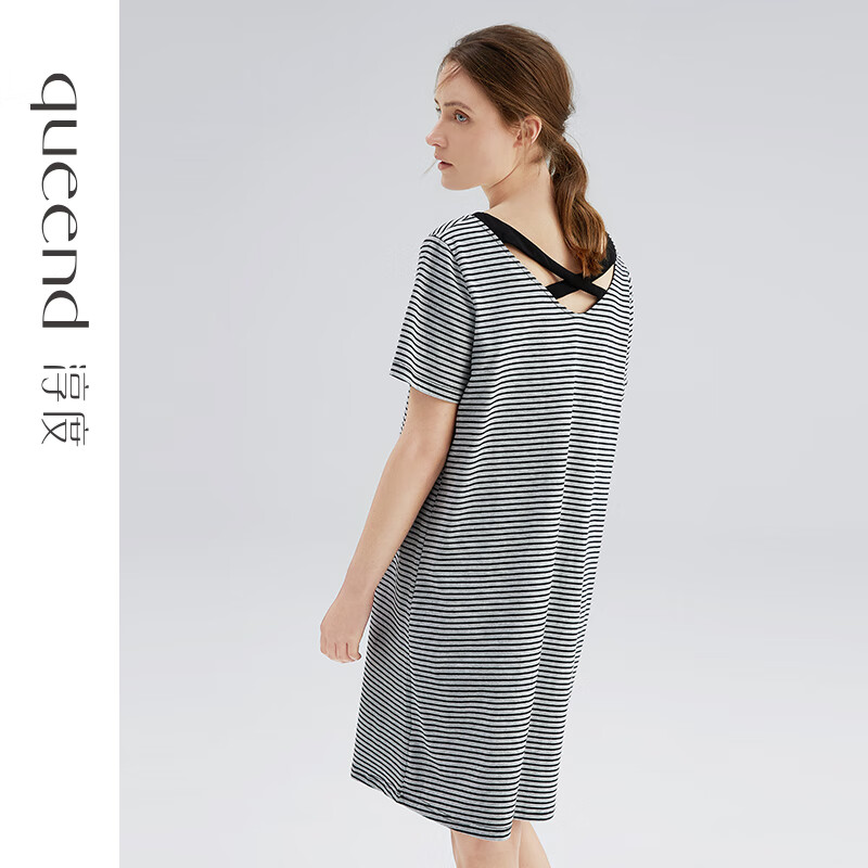 淳度黑灰細條紋純棉睡裙女夏短袖交叉性感美背寬松大碼可外穿睡衣 黑灰條紋 2XL