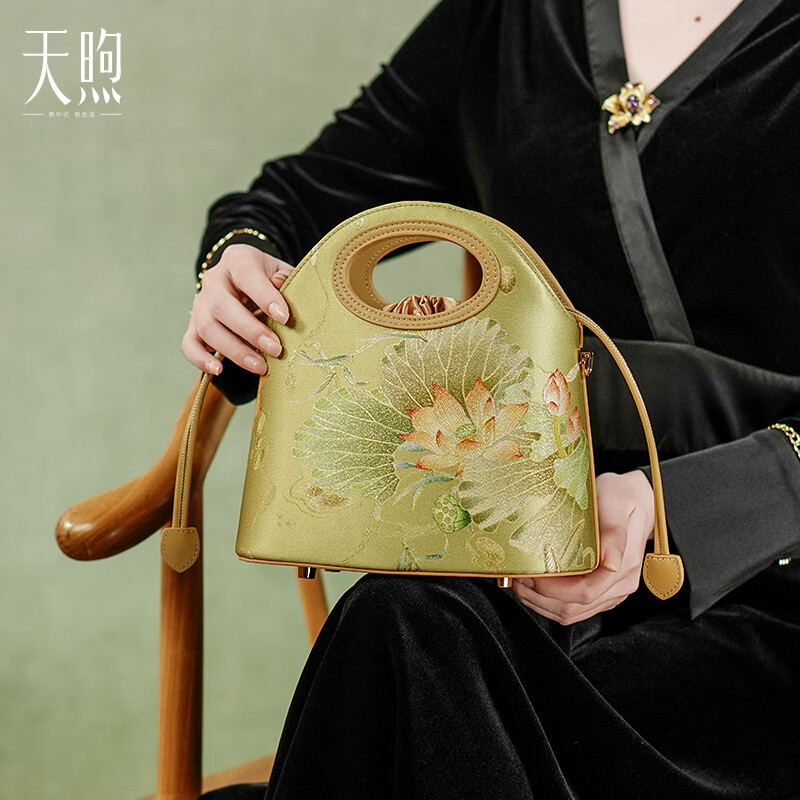 天煦新中式国风印花真丝女包单肩水桶包手拎包配旗袍汉服包斜挎包小包 芥末绿-桑蚕丝印花-送礼品袋