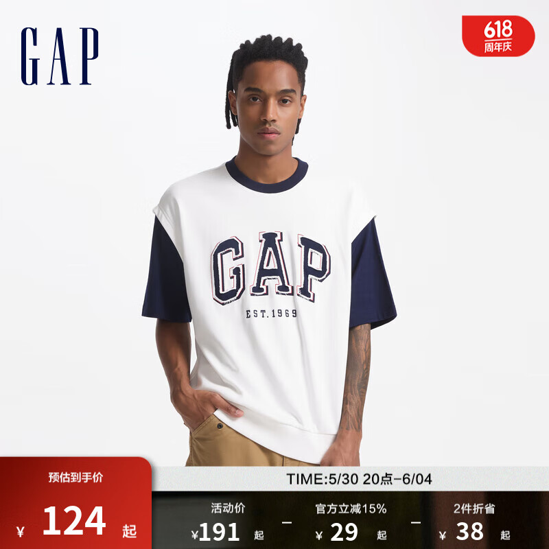 Gap男女裝logo撞色短袖T恤美式休閑情侶上衣637476 白色 L (175/96A) 亞洲尺碼