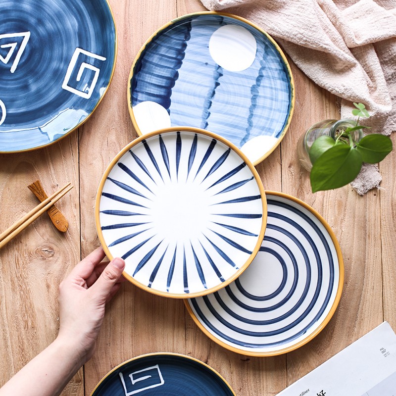 川岛屋 日式和风手绘陶瓷盘子家用复古牛排盘西餐盘味碟菜盘A-72 蓝线8寸平盘