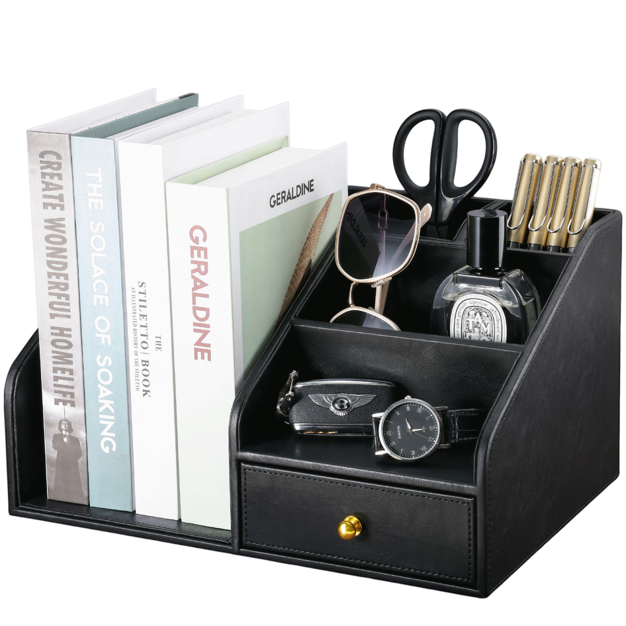 利藍（LEADLAND）文具收納盒皮革多格帶抽屜筆筒辦公用品桌面擺件遙控器收納盒定制LOGO 黑色文件架+分格收納盒A430