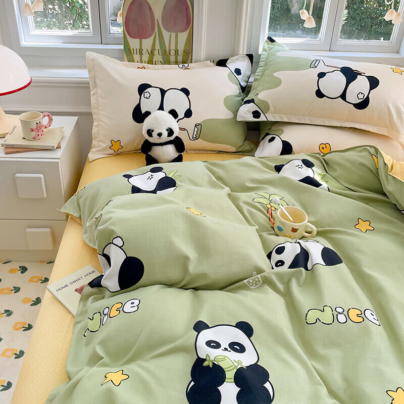 软贝小清新四件套 透气亲肤印花卡通简约田园风被套床单款套件 活力熊 2.0m 床单款 四件套（被套200*230cm）