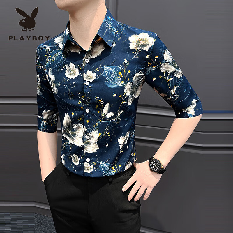 男士短袖花衬衫2025新款薄夏季冰丝感痞帅七分袖