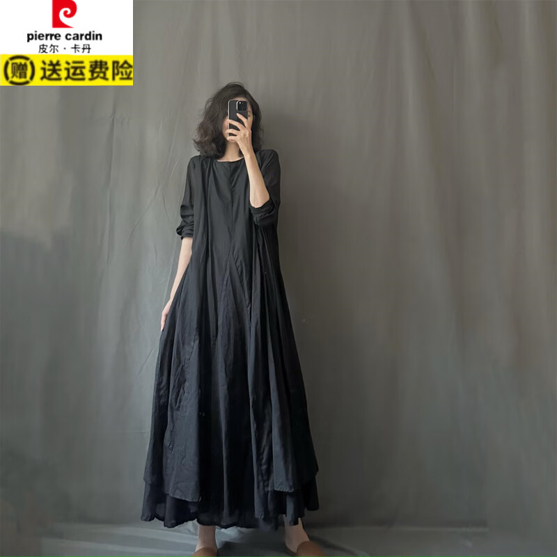 皮尔卡丹(pierre cardin)黑白圆领套头长袖长款连衣裙宽松森系薄棉长裙2026新款春夏长袍子 黑色长裙 均码 【建议90-165斤】