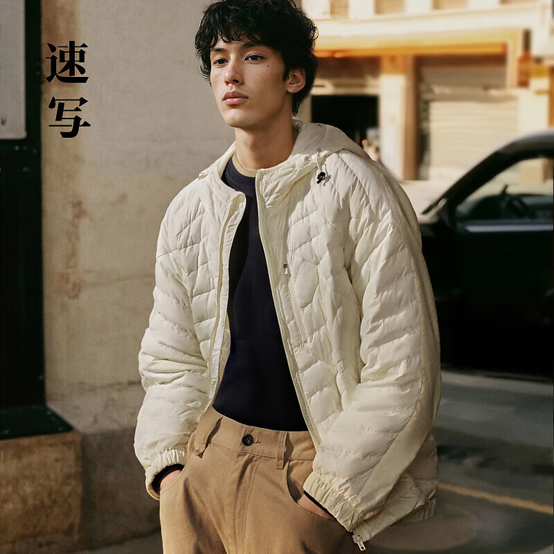 速写男装商场同款2023冬新品羽绒服宽松连帽长袖 105半漂白 M