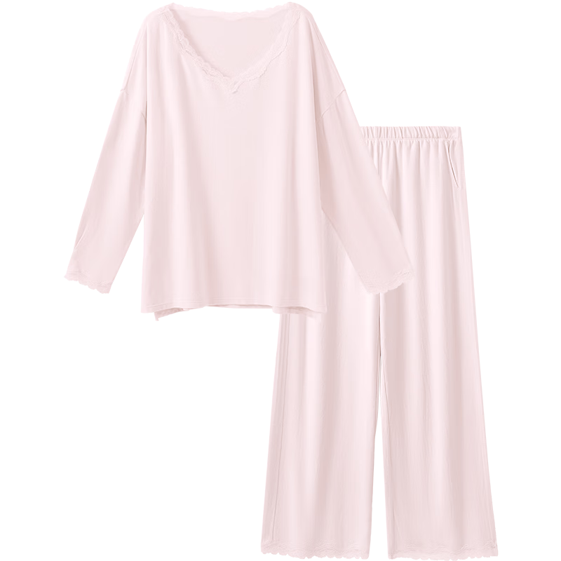 ubras刘雯同款25年新软绵绵套头舒服蕾丝长袖长裤套装睡衣家居服秋冬 柔雾粉色 M