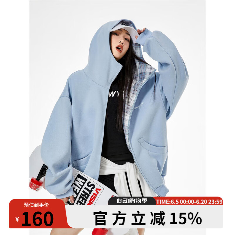 ICH MODE開(kāi)衫衛(wèi)衣女美式慵懶格子拼接2025年春季新款寬松外套上衣男 藍(lán)色 L