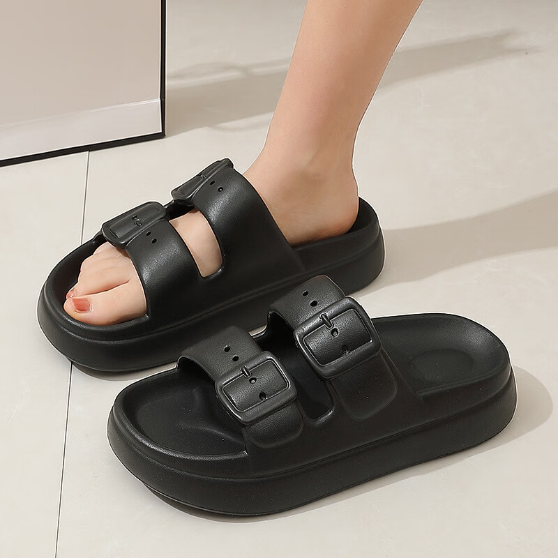 木木屋女士夏季外穿运动居家软底一字拖防滑防臭耐磨休闲月子鞋凉拖鞋 黑色【增高4CM】 37-38【偏小一码】