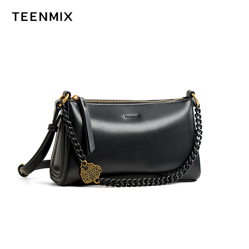 天美意(TEENMIX)女包牛皮斜挎包高级感枕头包大容量通勤腋下单肩包生日礼物送女友 黑色