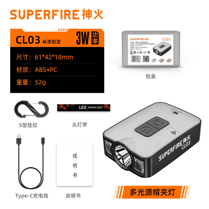 神火（SupFire）頭燈釣魚(yú)專(zhuān)用高端感應帽夾燈超長(cháng)續航超亮超輕戶(hù)外夜釣燈 CL03帽夾燈sx