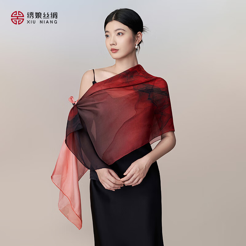 繡娘絲綢桑蠶絲真絲雪紡披肩女2025新款絲巾感披肩女外搭 幽然山色-深紅