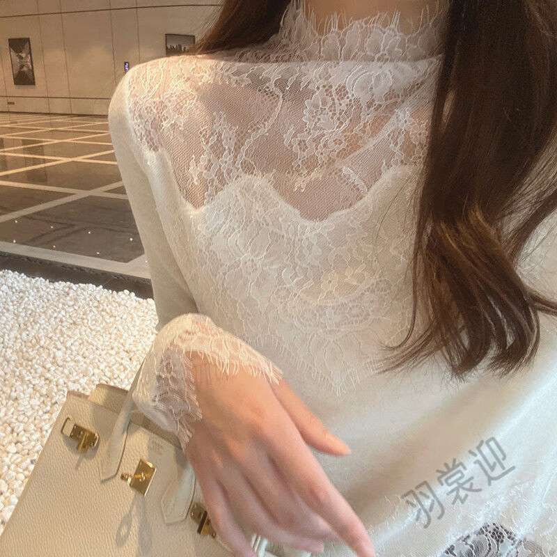 苏衿春秋冬蕾丝打底衫女法式半高领双面毛绒蕾丝内上衣女秋白色温柔感定 米白色 5640 L 建议101-115斤