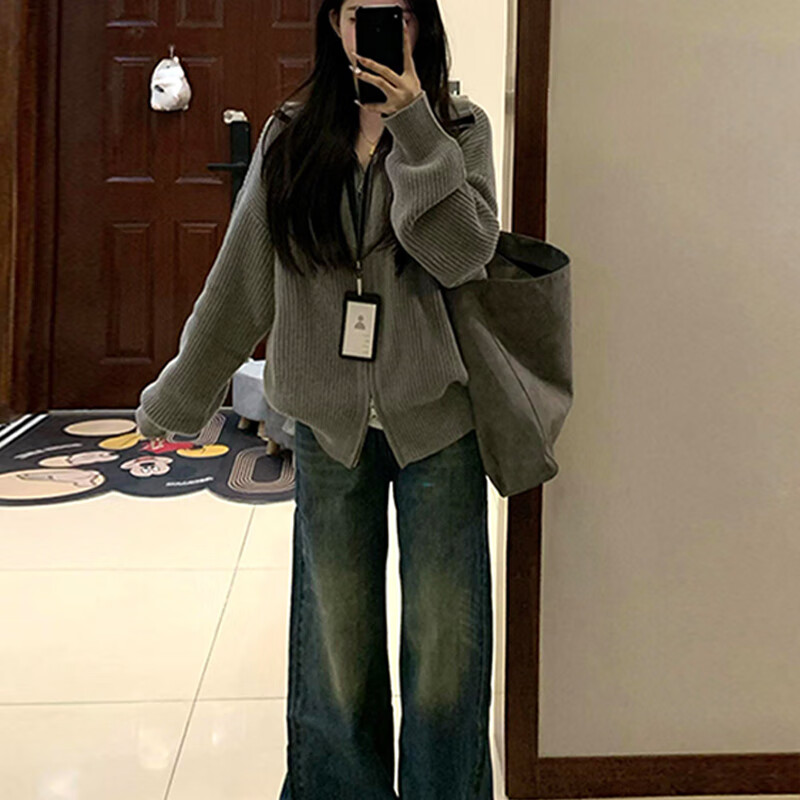 翊尚美针织衫外套女秋冬2025新款开衫可外穿拉链毛衣慵懒风宽松显瘦上衣 深灰色 【复古韩系抗起球】 均码 【适合80-140斤】