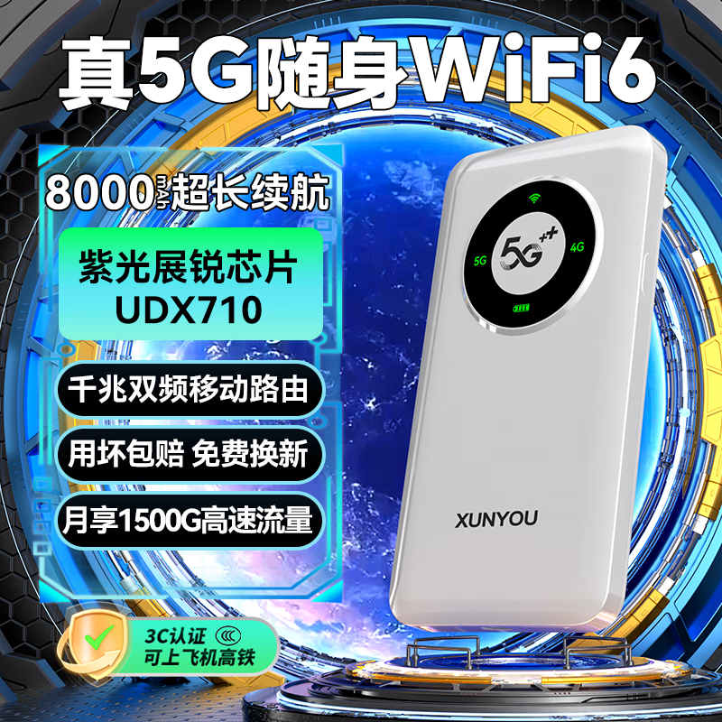 迅优5G随身wifi6移动无线免插卡便携式路由器cpe全网通千兆双频上网卡车载高速流量不限速2025款 5G随身wifi-比4G提速500%