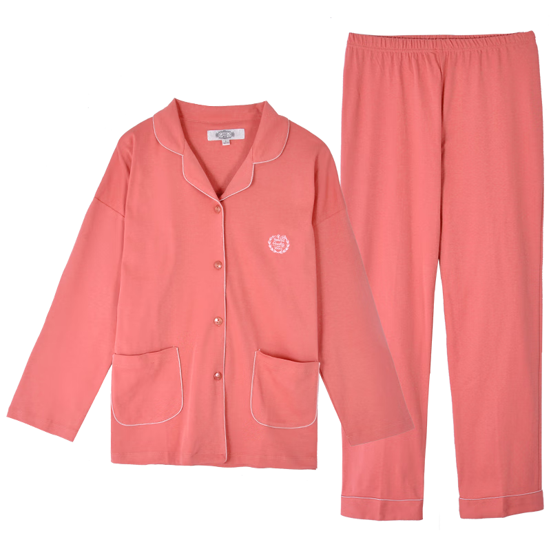 美標純棉睡衣秋冬女士針織長(cháng)袖長(cháng)褲100%棉家居服情侶套裝男 西瓜紅 L