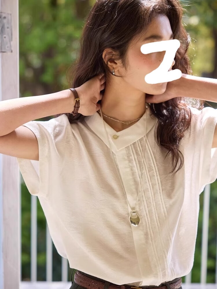 潮梦城短袖衬衫女法式亚麻提花短袖衬衫女夏季2025新款设计感不对称翻领 云白色 S