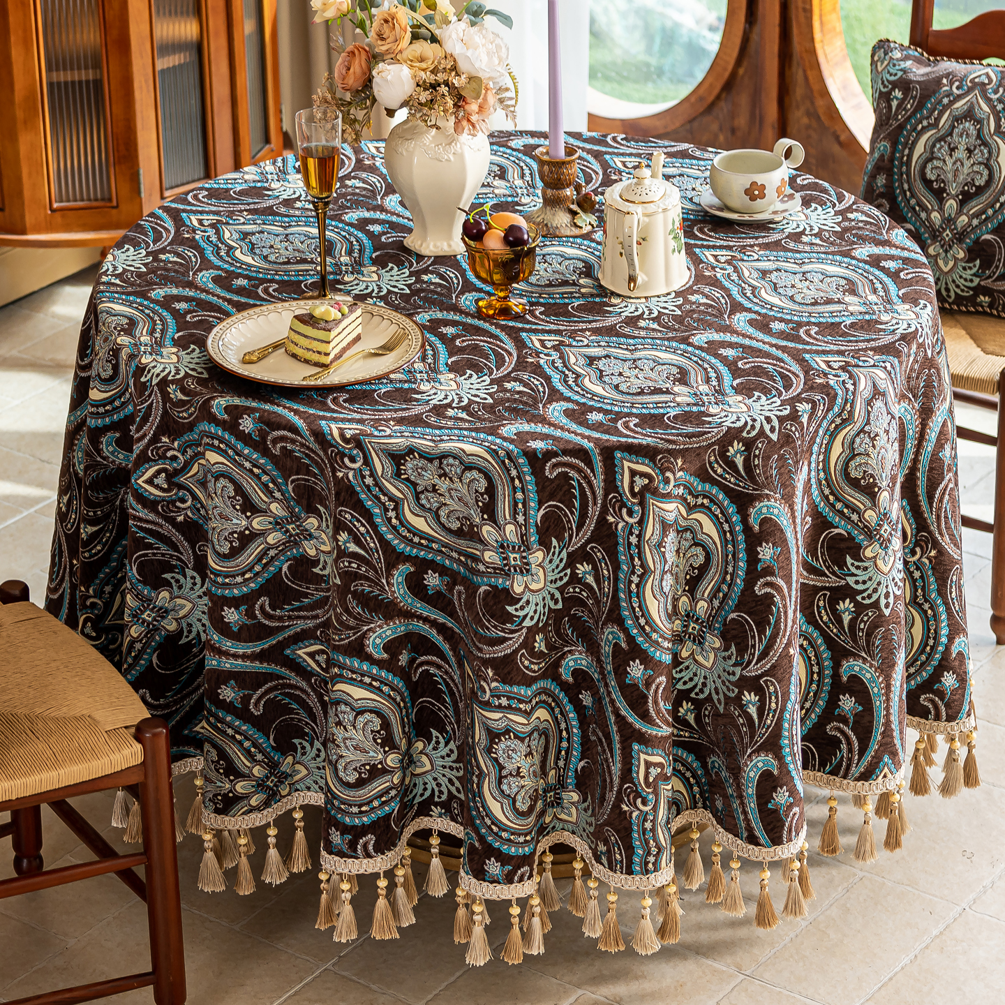 美妠斯欧式圆桌餐桌桌布2025新款轻奢高级感美式绿色客厅圆形茶几布家用 圣索菲亚-棕(吊穗款) 280cm直径适合直径200-220cm圆桌