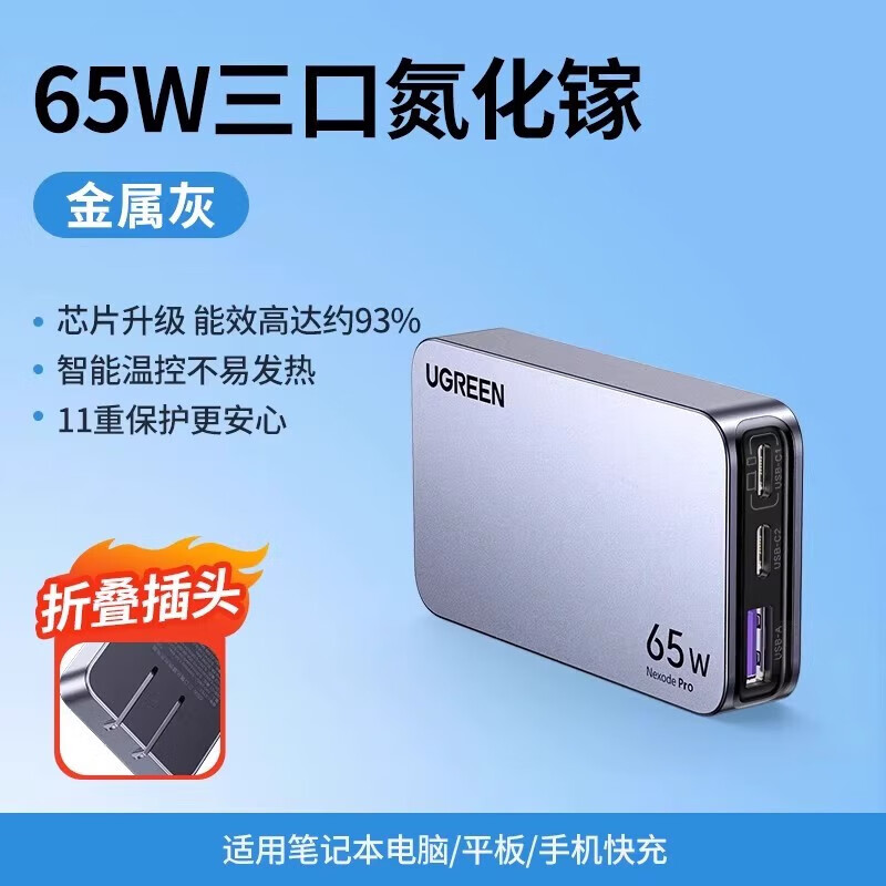 绿联（UGREEN）65W小饼干氮化镓Pro超薄充电器快充头适用苹果iPhone16华为手机笔记本电脑多口便携卡片迷你旅行扁 65W饼干氮化镓Pro|三口单头
