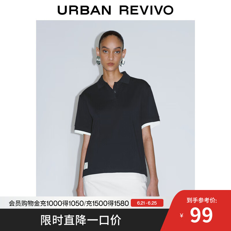 UR2025夏季新款女装拼接假两件宽松短袖马球衫UWJ450042 藏青 L