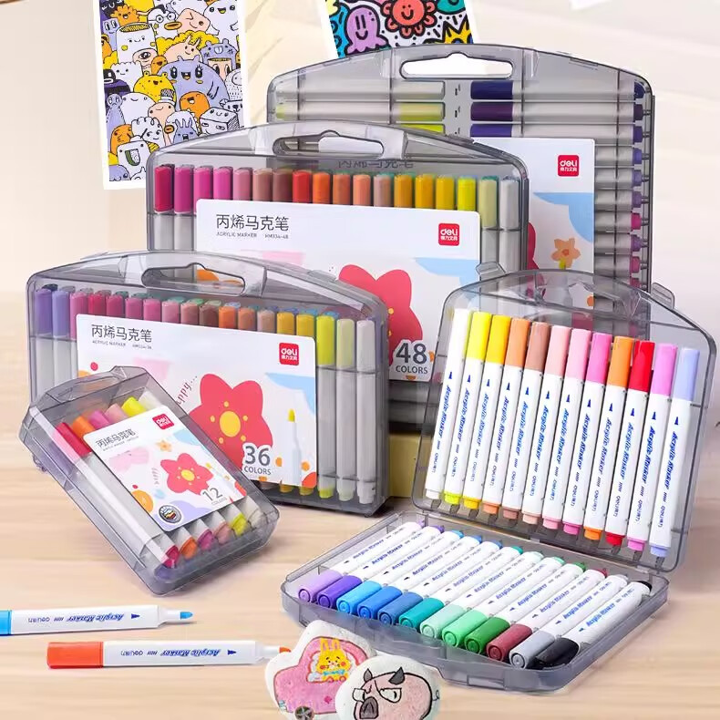 得力(deli)丙烯马克笔不透色可叠色儿童小学生美术专用初中生防水无毒可水洗幼儿园专用水彩笔画画笔 【加量100%正握姿三角杆】24色