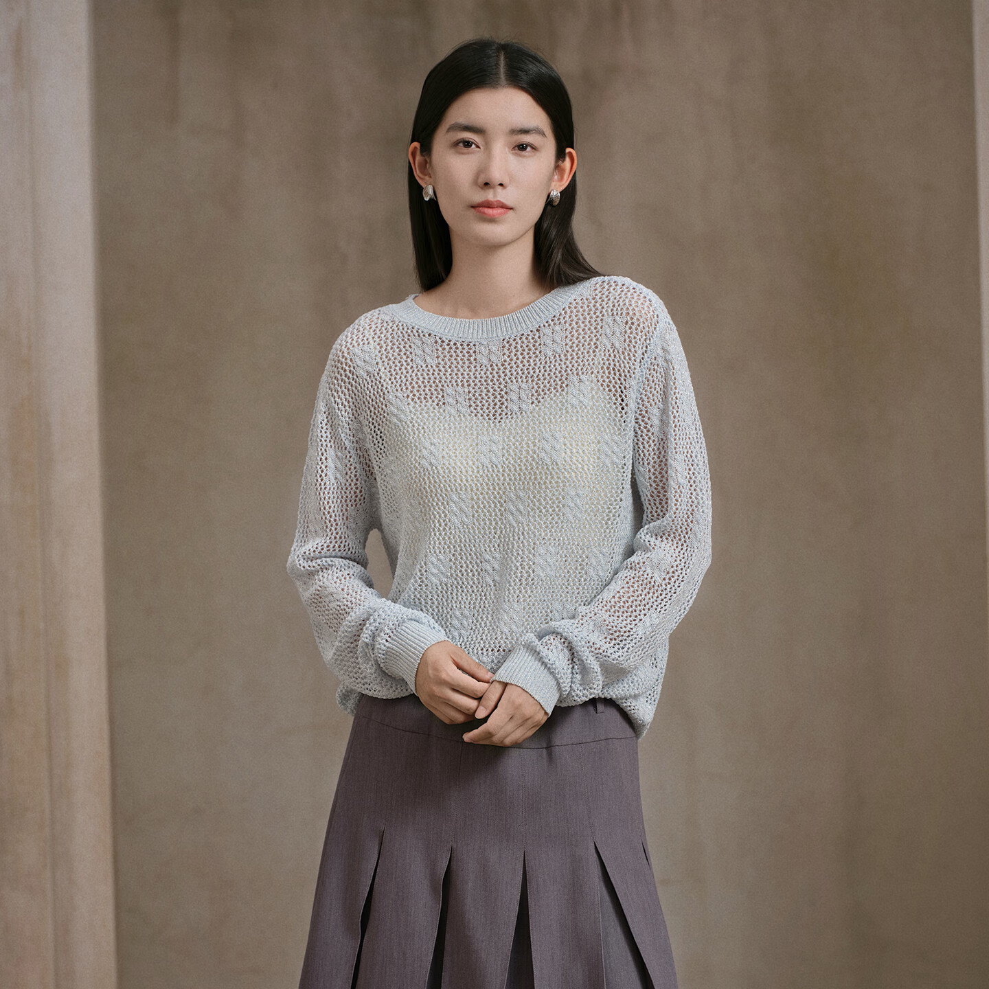 阿依莲针织衫女高端秋季2025新款时尚女装洋气百搭镂空毛衣宽松显瘦上衣 冰融蓝 S