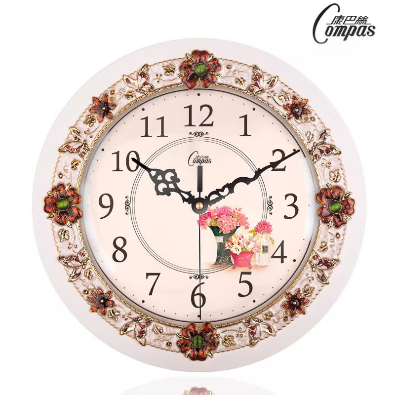 康巴絲新品掛鐘客廳靜音創(chuàng)意復(fù)古田園壁鐘石英鐘 1138白 30.5cm 12英寸(直徑)