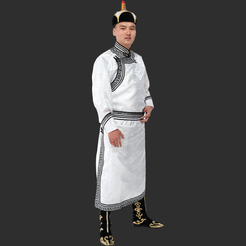 炫逐蒙古族服装男冬装男士长款传统蒙古袍民族服装婚礼服饰成人新款 白色 L (适合体重115/145斤)