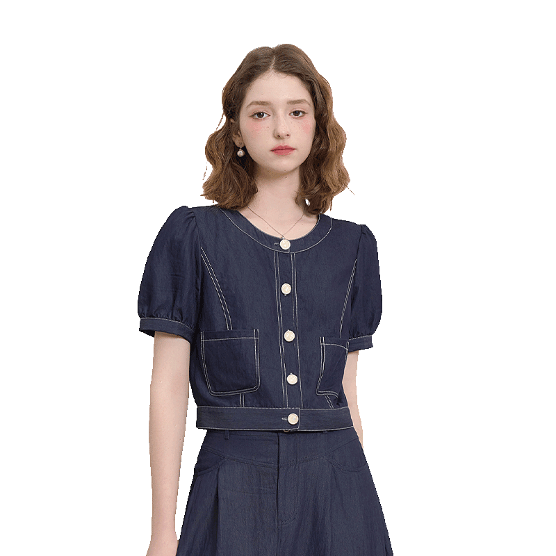 西遇復(fù)古港風(fēng)牛仔套裝女2025秋季明線短袖上衣半身裙兩件套 藍色 XL