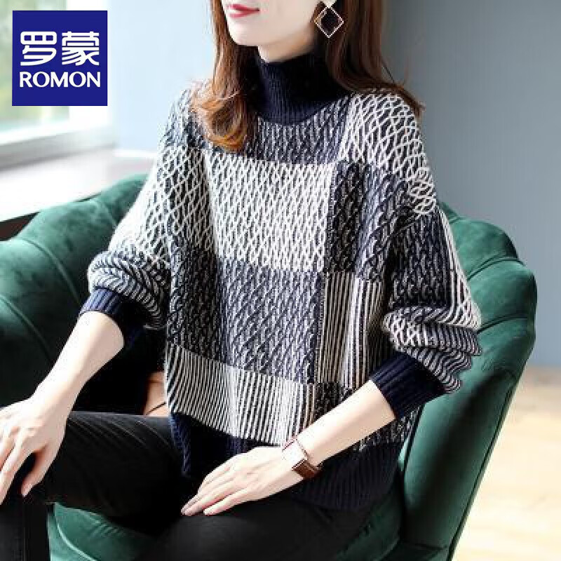 罗蒙（ROMON）半高领针织衫女秋2025新款宽松慵懒提花减龄百搭打底毛衣上衣潮 图片色 均码