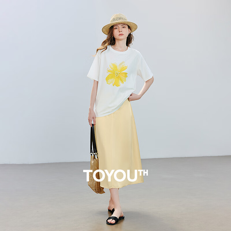 初语绿绒蒿印花T恤缎面半身裙女2025夏季新款气质休闲两件套装 米白-黄色 M