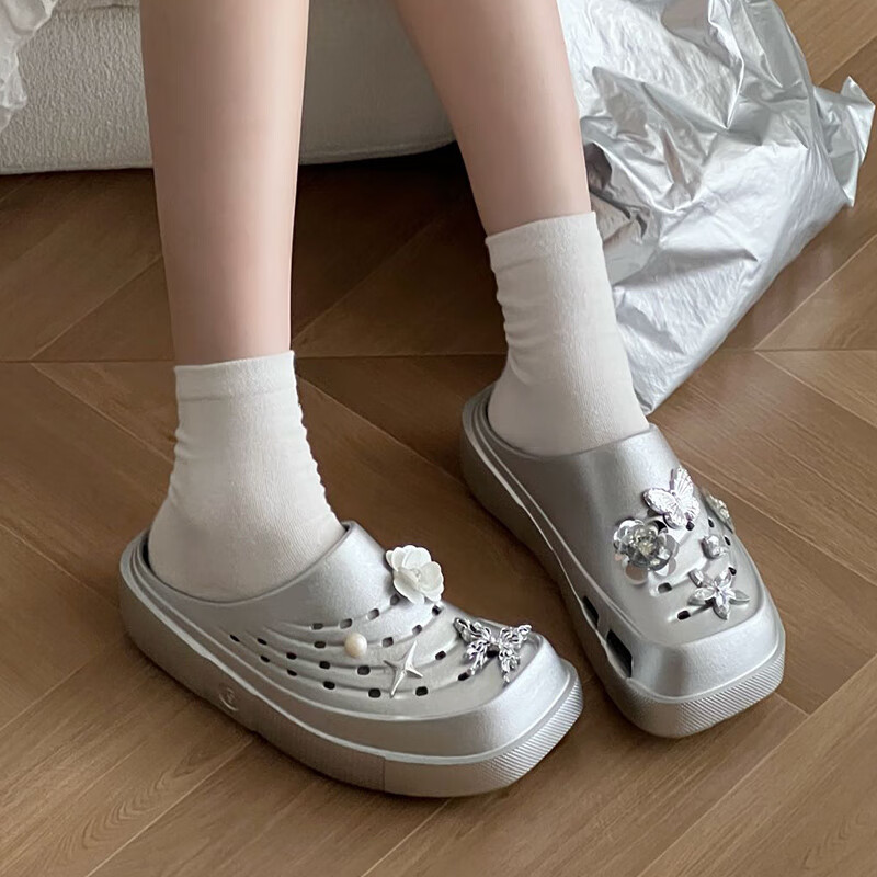 共迹gongji【敖瑞鹏同款】2025夏季新款防滑拖鞋厚底洞洞鞋增高男士凉鞋女鞋 银色 34-35