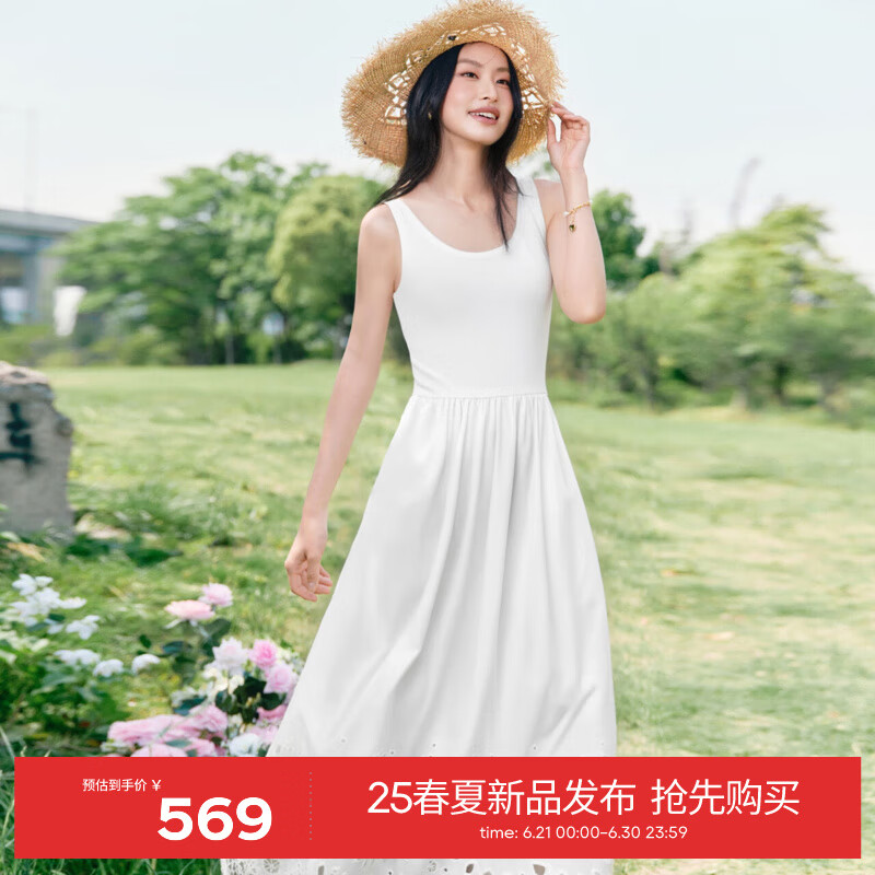 伊芙丽（eifini）伊芙丽定位镂空绣花下摆拼接针织假两件连衣裙女2025夏装新款 米白 L 115-130斤