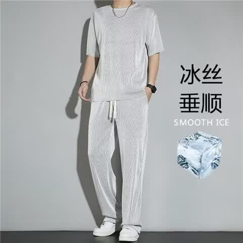 【优选好物】冰丝高级感运动套装男士夏季居家休闲长裤子短袖t恤 A13藏青色套装 M