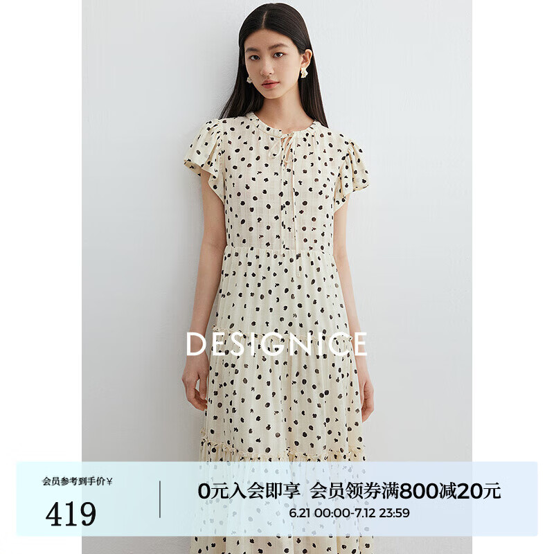 迪赛尼斯（DESIGNICE）2025年夏季新款通勤气质优雅复古波点圆领短袖飘带连衣裙 米色 XL