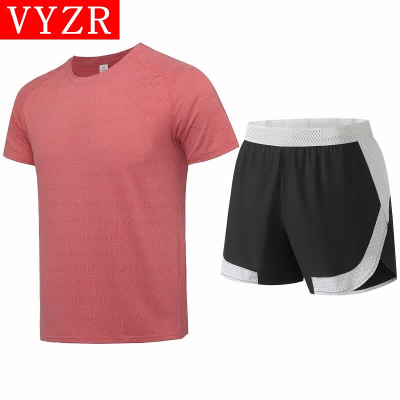 VYZR运动套装男冰丝透气健身衣骑行训练跑步服夏季短袖短裤紧身速干衣 花红色+黑色 S