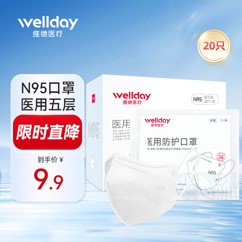 维德（WELLDAY）N95医用口罩一次性独立装防护灭菌级甲流N95成人防风防粉尘防雾霾防沙尘暴 N95医用防护【20只】独立装