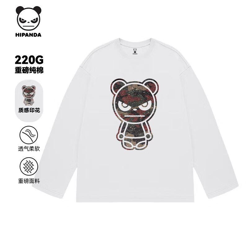 HIPANDA你好熊貓純棉長袖t恤2025秋季新款舒適透氣重磅親膚百搭情侶衫 白#PP亮迷彩熊 2XL