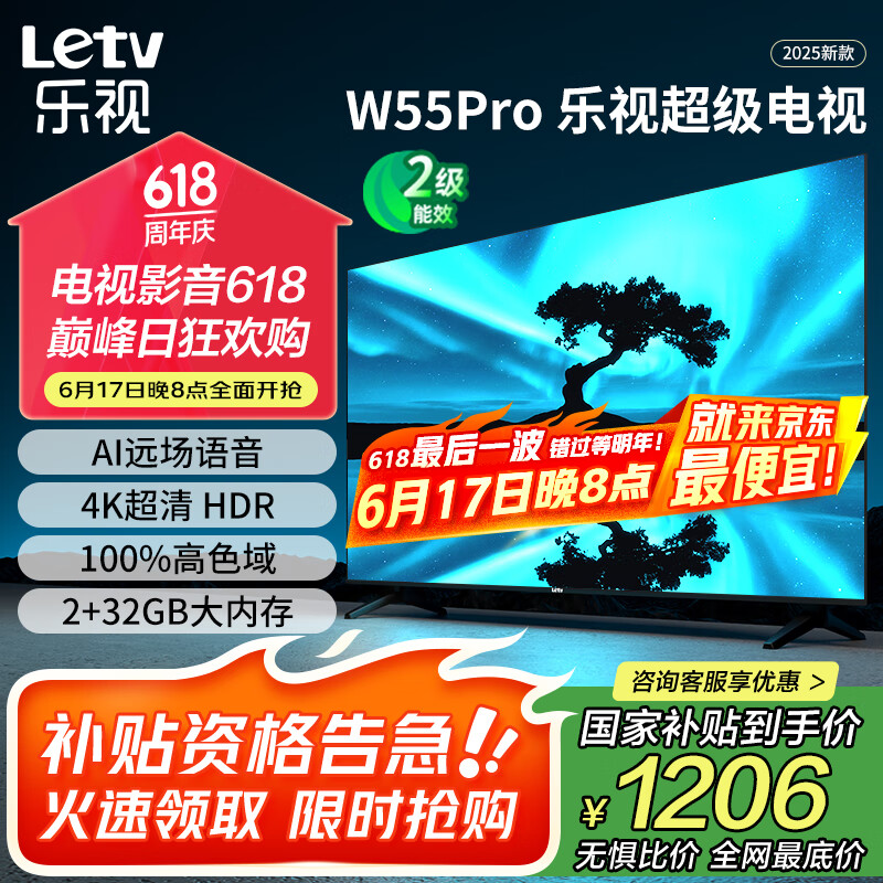 乐视TV55英寸 W55Pro 2+32GB 二级能效 国家补贴 以旧换新 4K超高清全面屏 游戏液晶平板电视机D55CUCHN