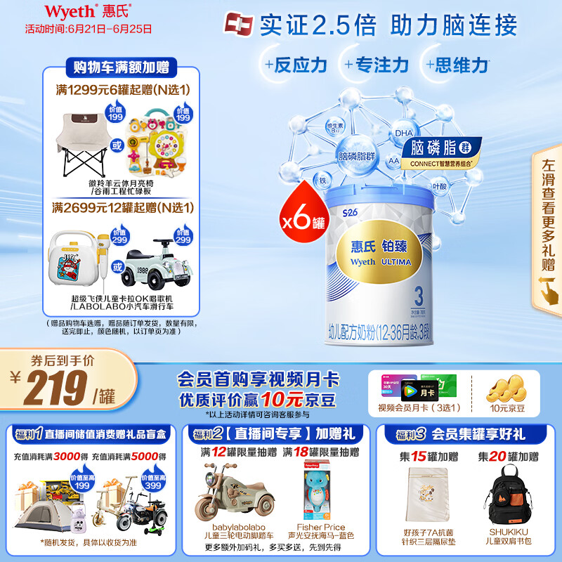 惠氏（Wyeth）铂臻进口DHA幼儿配方奶粉3段（12-36月）780g*6罐