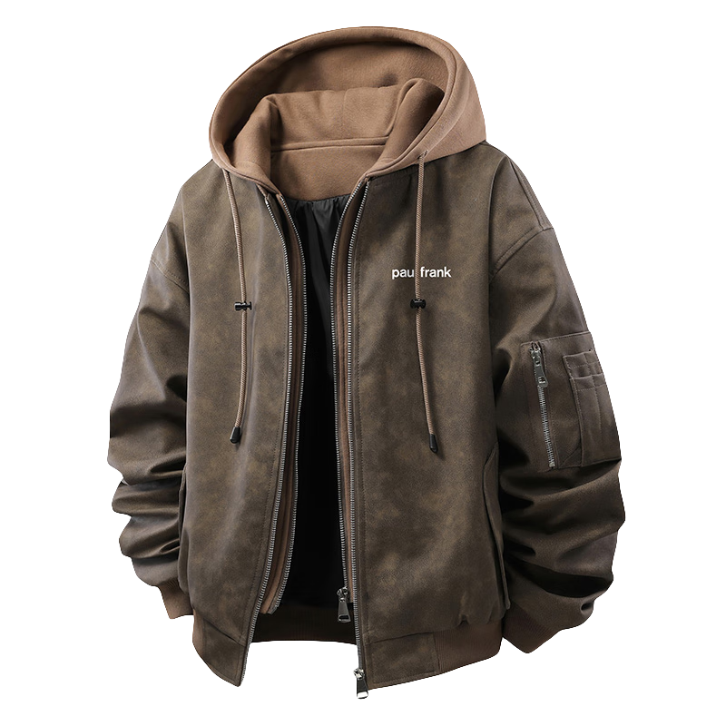 大嘴猴（paul frank）外套男士工装皮衣男冬季潮牌美式假两件机车夹克男 咖啡色加棉 M