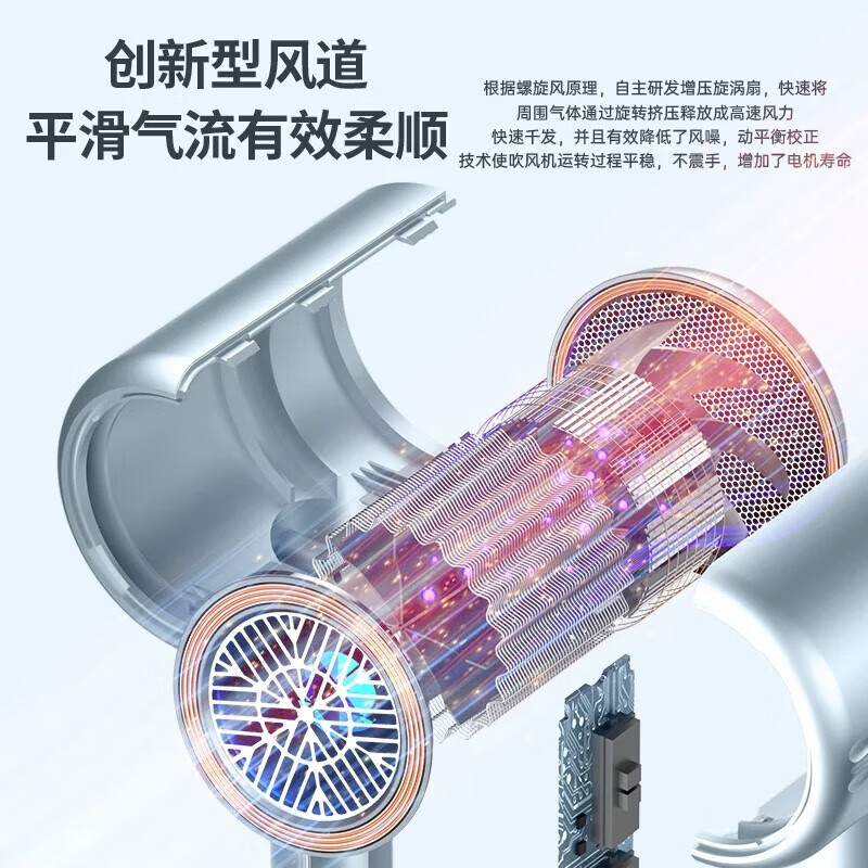 米智能通用吹风机家用静音负离子大功率不伤发折叠3000高速大风力 【闪银蓝】无界3000-折叠AI感温