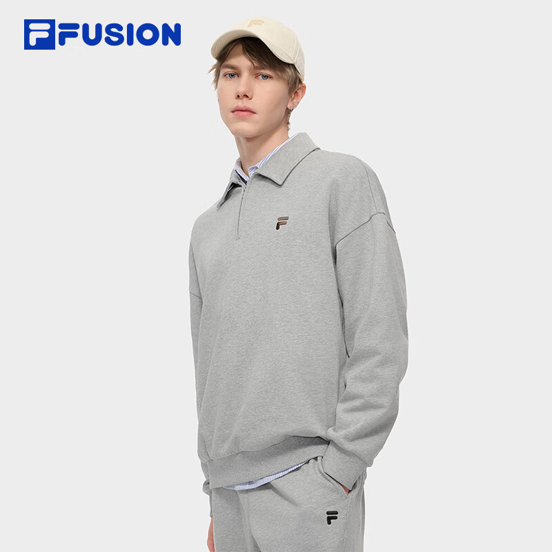 FILA FUSION斐乐潮牌情侣款套头卫衣2025秋新款纯棉宽松翻领上衣 浮云灰花灰-MG S 165/88A/S